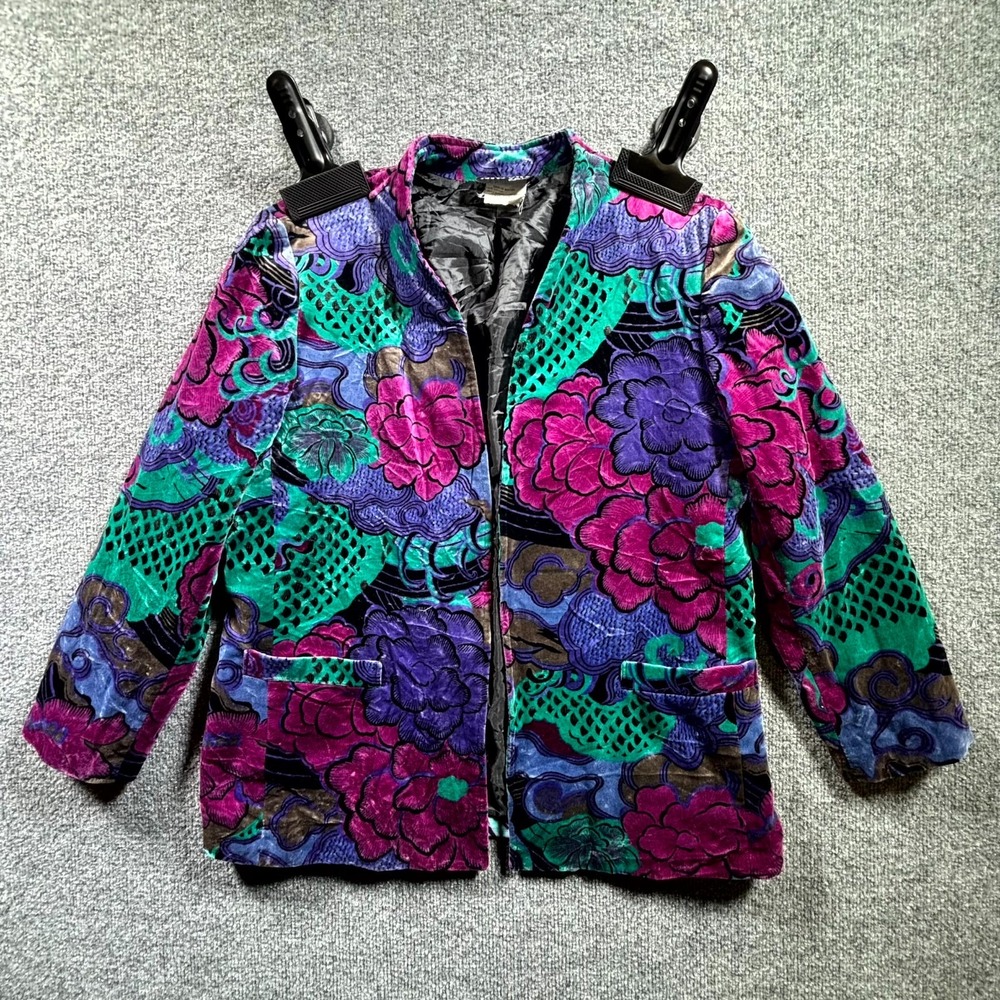 VTG Oui Petites by TanJay Jacket Women's 14 Multicolor Floral Velvet Open Front